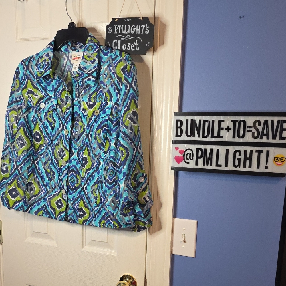 Ruby Rd. Button-Up Shirt 16P Colorful Geometric Blue Lime Green